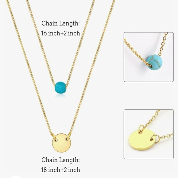 Bestelly 14k Gold Plated Layered Necklace w/a Golden Coin & Faux Turquoise Bead - Picture 3 of 7